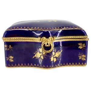 Limoges France Porcelain S A 22K Gold Gilt Cobalt Blue Rose Floral Trinket Box